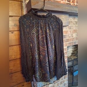 Malia Mills Boho Paisley Sheer Blouse Women’s Medium | Ruffle Neck Long Sleeve